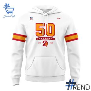 Close-up of the 2 50th Season Tampa Bay Buccaneers Hoodie showing detailed design and vibrant colors.