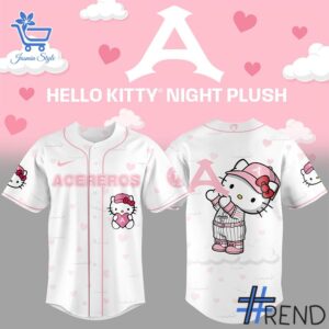 Street-style look featuring the unique Acereros de Monclova Hello Kitty Night Baseball Jersey artwork