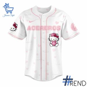 Street-style look featuring the unique Acereros de Monclova Hello Kitty Night Baseball Jersey artwork