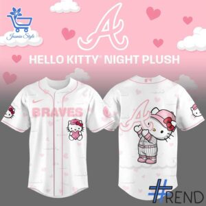 Close-up view of the Atlanta Braves Hello Kitty Night Plus Baseball Jersey print