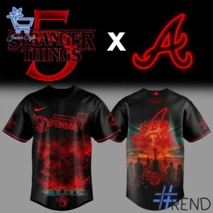 Detailed fabric and stitching showing 1 Atlanta Braves Stranger Things 5 Baseball Jersey