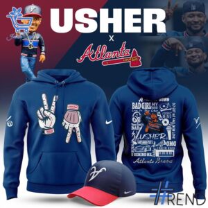 Detailed fabric and stitching showing 1 Atlanta Braves Usher Night 2025 Hoodie