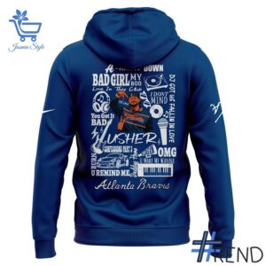 Detailed fabric and stitching showing 3 Atlanta Braves Usher Night 2025 Hoodie