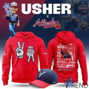 Detailed fabric and stitching showing 4 Atlanta Braves Usher Night 2025 Hoodie