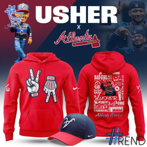 Detailed fabric and stitching showing 4 Atlanta Braves Usher Night 2025 Hoodie