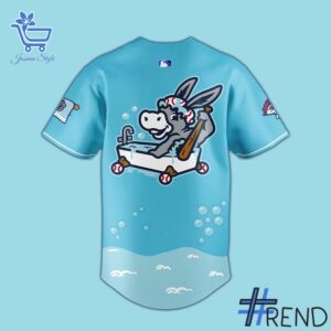 Detailed view of the 3 Binghamton Rumble Ponies Bathtub Donkeys Jersey print on fabric