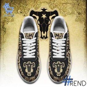 Trendy Black Bull Black Clover Air Force Shoes featuring bold graphics and modern style