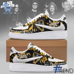 Street-style look featuring the unique Black Sabbath Back to the Beginning Air Force Shoes artwork