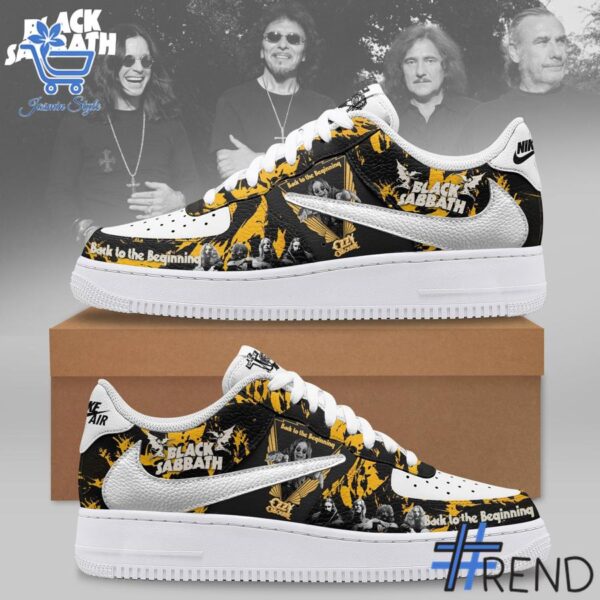 Street-style look featuring the unique Black Sabbath Back to the Beginning Air Force Shoes artwork