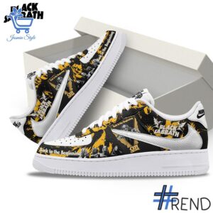 Street-style look featuring the unique Black Sabbath Back to the Beginning Air Force Shoes artwork