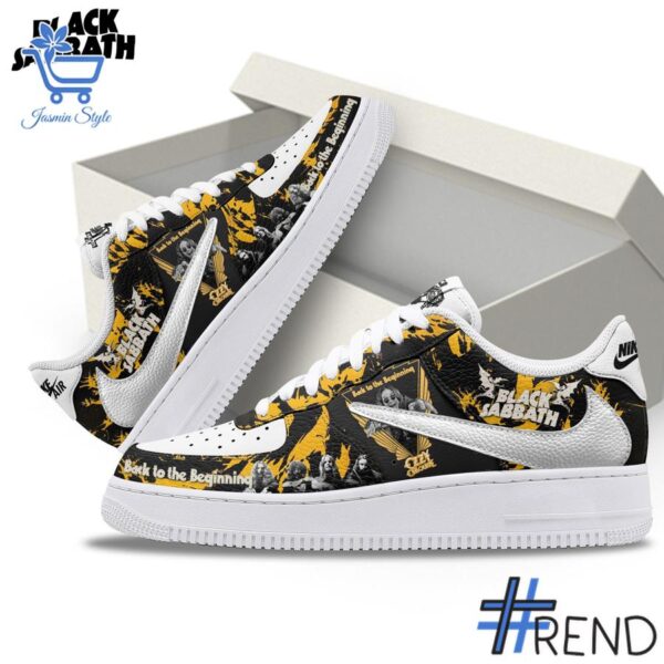 Street-style look featuring the unique Black Sabbath Back to the Beginning Air Force Shoes artwork