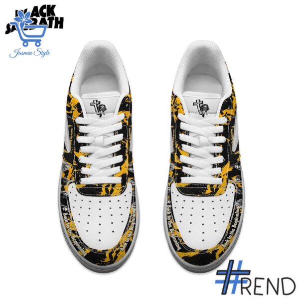 Street-style look featuring the unique Black Sabbath Back to the Beginning Air Force Shoes artwork