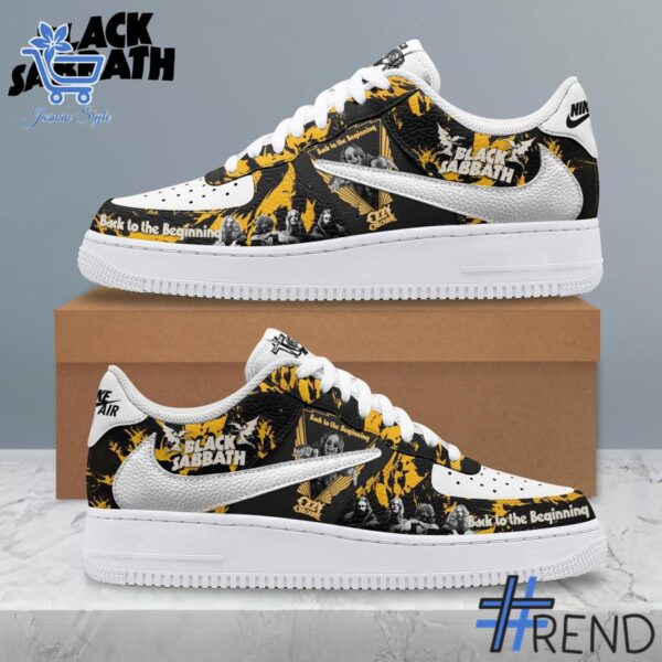 Street-style look featuring the unique Black Sabbath Back to the Beginning Air Force Shoes artwork