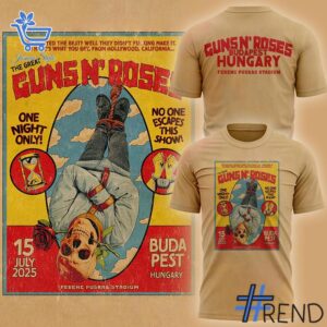 Close-up of the 1 Budapest It was a legendary night in your city Guns N' Roses Shirt showing detailed design and vibrant colors.
