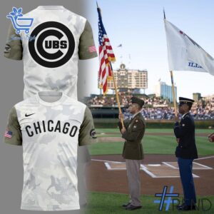 Close-up view of the Chicago Cubs Armed Forces Day Shirt print