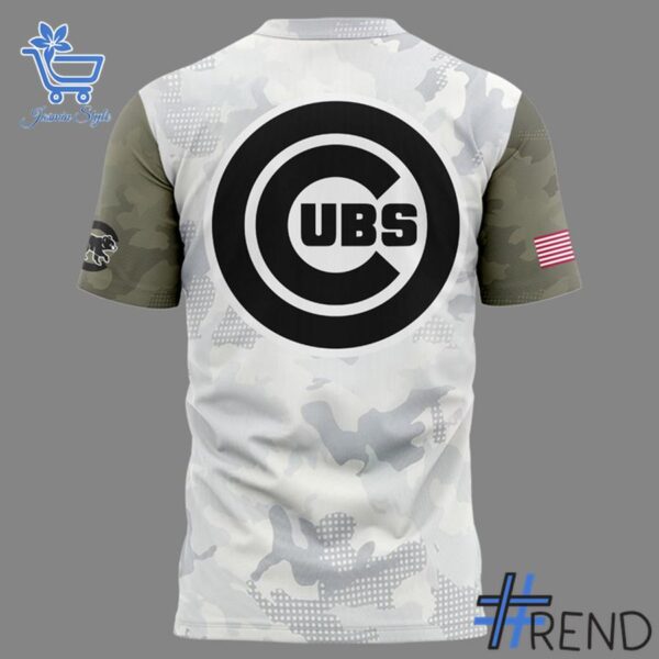 Close-up view of the Chicago Cubs Armed Forces Day Shirt print