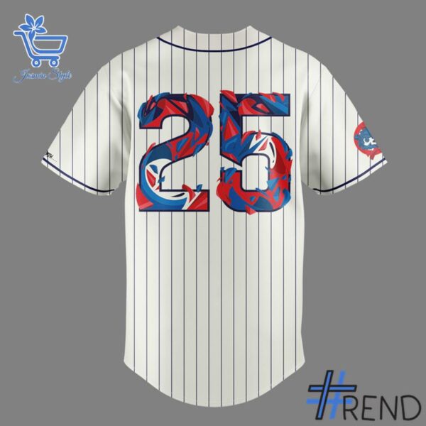 Close-up view of the Chicago Cubs Asian American and Pacific Islander AAPI Baseball Jersey print