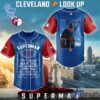 Unisex Cleveland Guardians Superman Look Up Baseball Jersey styled with jeans for a relaxed look