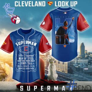 Unisex Cleveland Guardians Superman Look Up Baseball Jersey styled with jeans for a relaxed look
