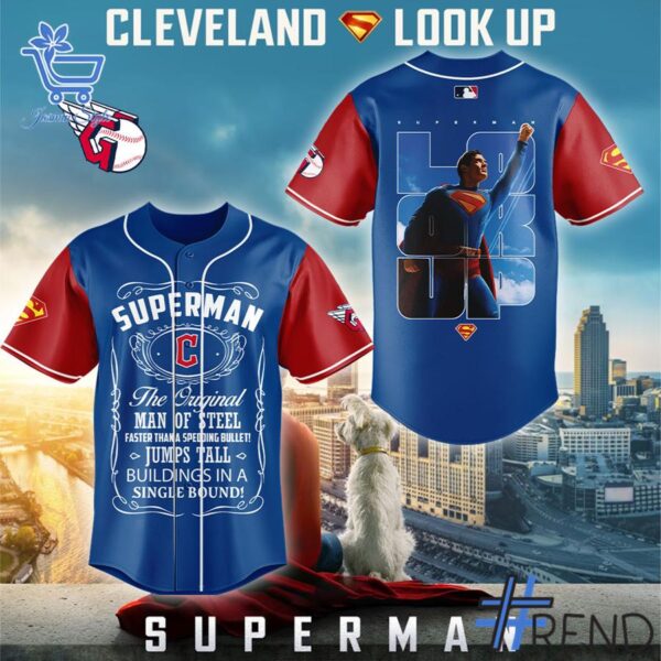 Unisex Cleveland Guardians Superman Look Up Baseball Jersey styled with jeans for a relaxed look