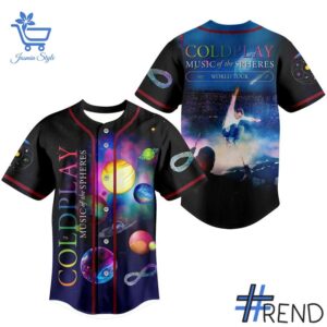 Limited-edition apparel with custom Coldplay Music of The Spheres World Tour Baseball Jersey print