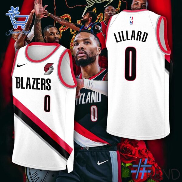 Detailed fabric and stitching showing 1 Damian Lillard BACK to Portland Trail Blazers Baskeball Jersey