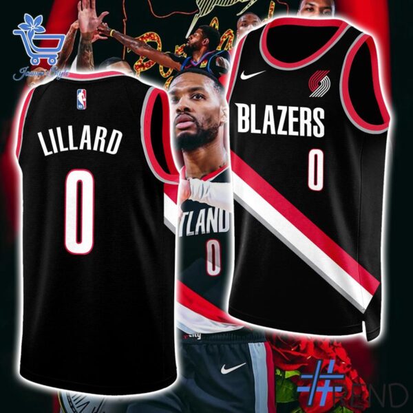 Detailed fabric and stitching showing 3 Damian Lillard BACK to Portland Trail Blazers Baskeball Jersey
