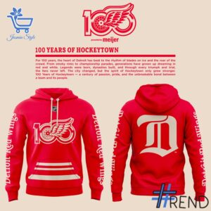 Custom apparel with the bold Detroit Red Wings Centennial Years of Hockeytown Hoodie design