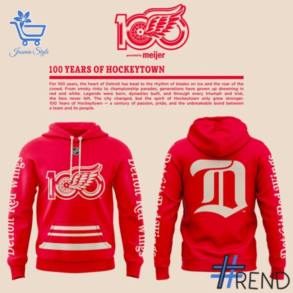 Custom apparel with the bold Detroit Red Wings Centennial Years of Hockeytown Hoodie design