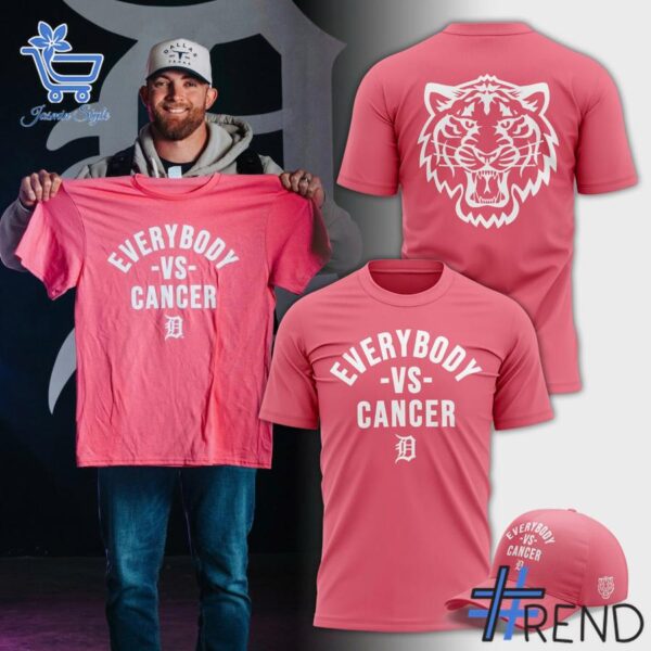 Street-style look featuring the unique Detroit Tigers Everybody vs Cancer Day Pink Shirt artwork