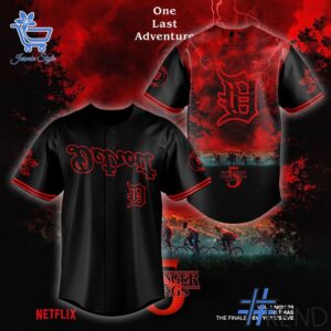 Detailed fabric and stitching showing 1 Detroit Tigers Stranger Things 5 Baseball Jersey