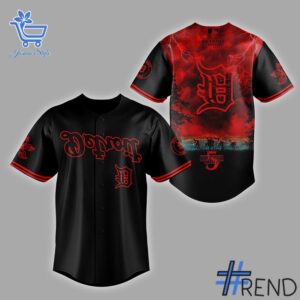 Detailed fabric and stitching showing 2 Detroit Tigers Stranger Things 5 Baseball Jersey
