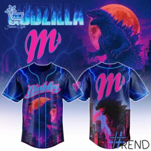 Street-style look featuring the unique Diablos Rojos del México Godzilla Baseball Jersey artwork