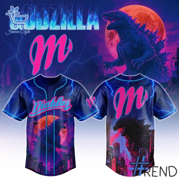 Street-style look featuring the unique Diablos Rojos del México Godzilla Baseball Jersey artwork
