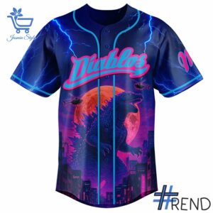 Street-style look featuring the unique Diablos Rojos del México Godzilla Baseball Jersey artwork