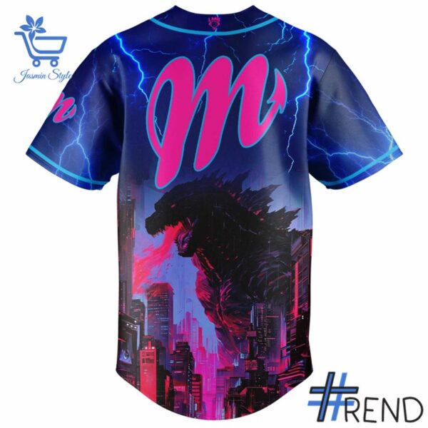 Street-style look featuring the unique Diablos Rojos del México Godzilla Baseball Jersey artwork