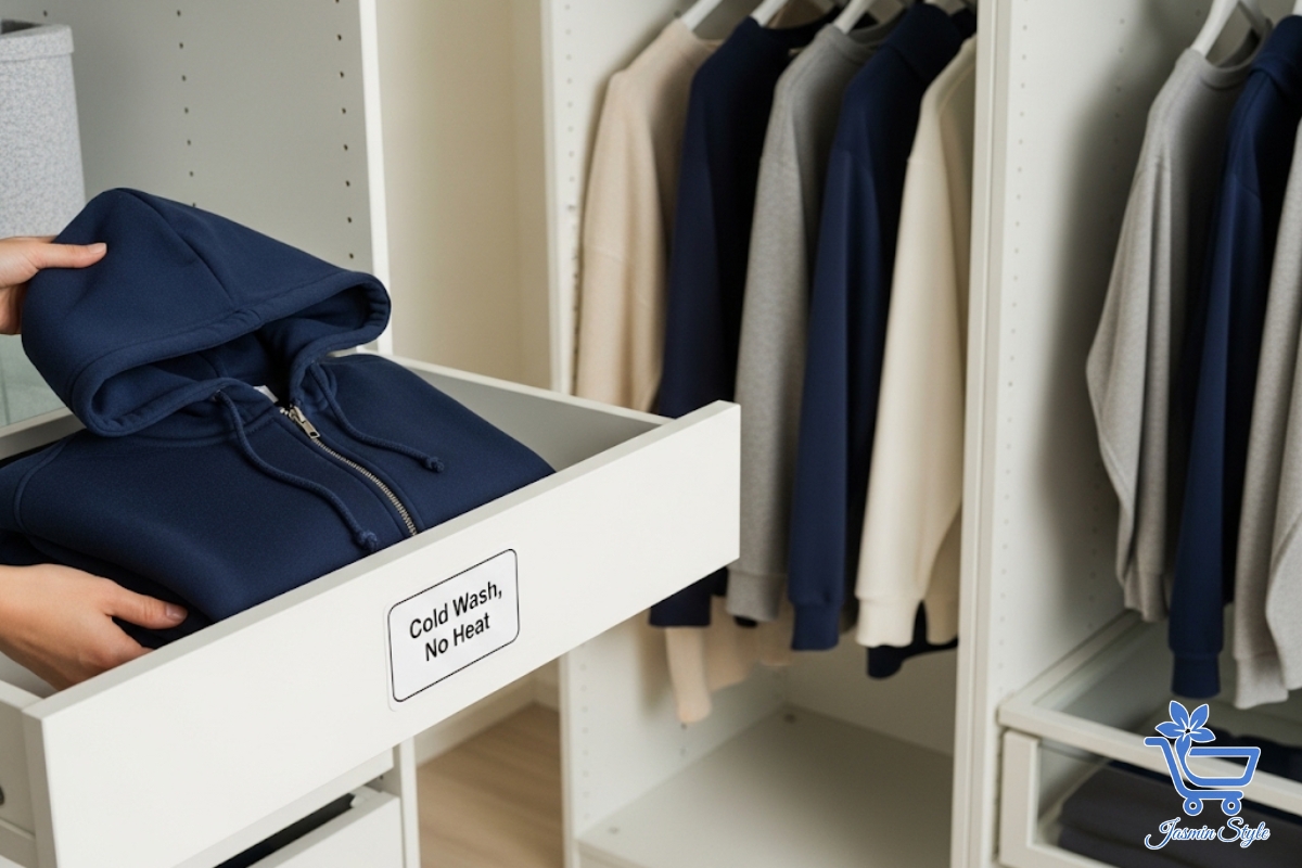 Proper hoodie care — like folding instead of hanging and washing with cold water — helps maintain shape and fit.