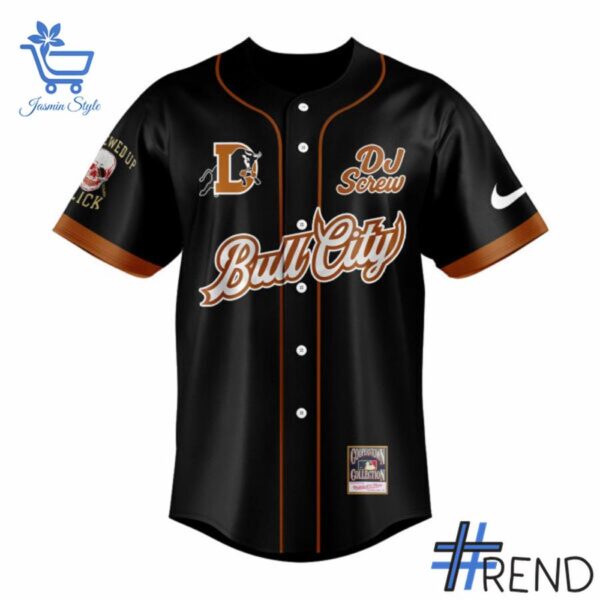Custom look featuring the signature Durham Bulls DJ Screw Baseball Jersey design
