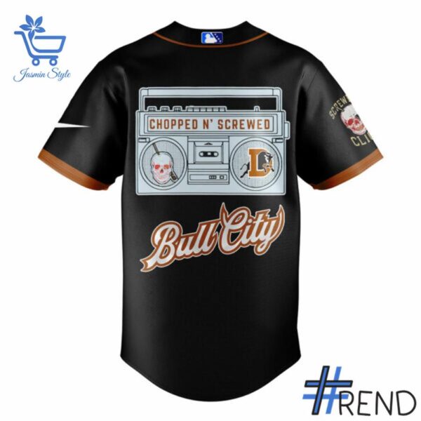 Custom look featuring the signature Durham Bulls DJ Screw Baseball Jersey design