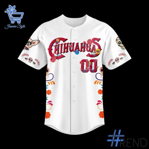 Detailed view of the 2 El Paso Chihuahuas 2025 Day of the Dead Chico Figurine Jersey print on fabric