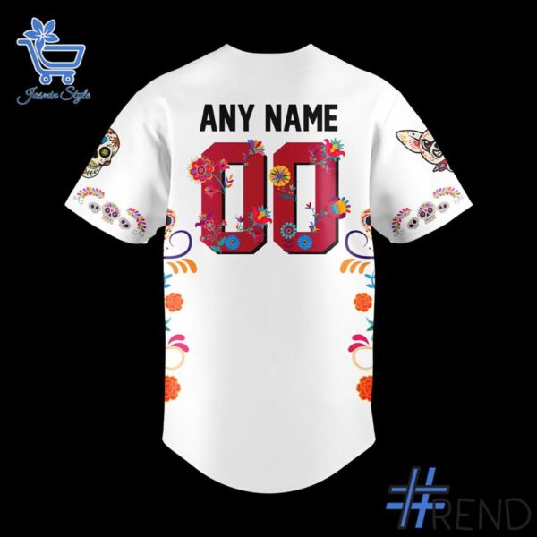 Detailed view of the 3 El Paso Chihuahuas 2025 Day of the Dead Chico Figurine Jersey print on fabric