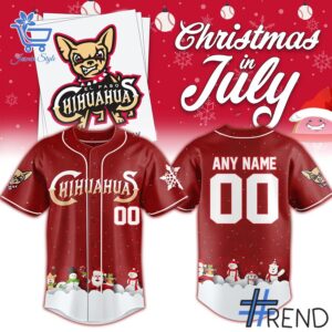 Close-up of the 1 El Paso Chihuahuas July in Christmas 2025 Jersey showing detailed design and vibrant colors.