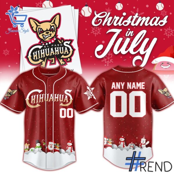Close-up of the 1 El Paso Chihuahuas July in Christmas 2025 Jersey showing detailed design and vibrant colors.