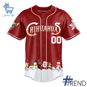 Close-up of the 2 El Paso Chihuahuas July in Christmas 2025 Jersey showing detailed design and vibrant colors.