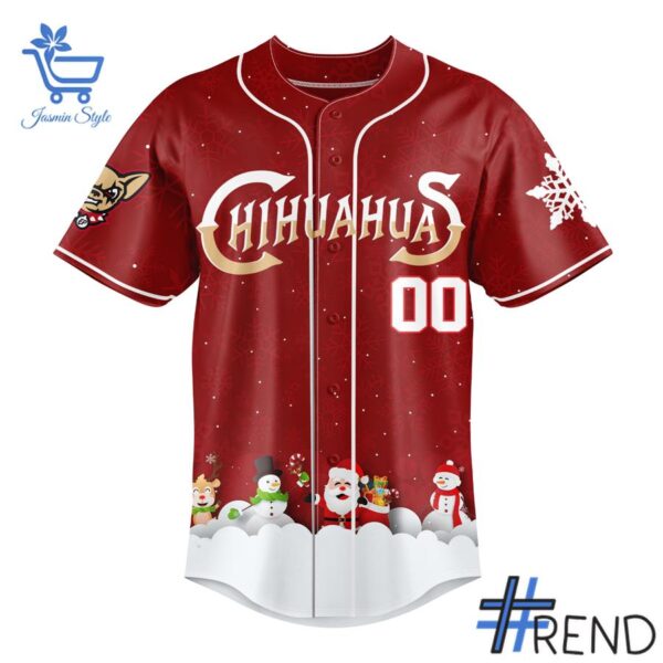 Close-up of the 2 El Paso Chihuahuas July in Christmas 2025 Jersey showing detailed design and vibrant colors.