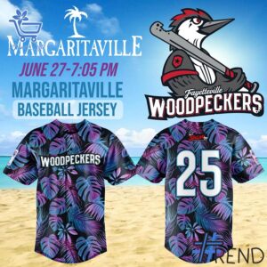 Detailed fabric and stitching showing 1 Fayetteville Woodpeckers 2025 Margaritaville Night Jersey