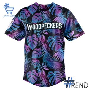 Detailed fabric and stitching showing 2 Fayetteville Woodpeckers 2025 Margaritaville Night Jersey