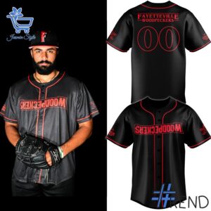 Close-up of the 1 Fayetteville Woodpeckers 2025 Stranger Things Jersey showing detailed design and vibrant colors.