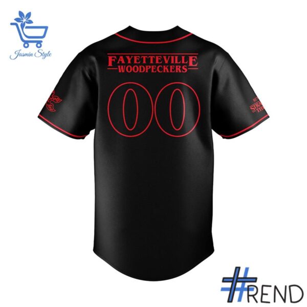Close-up of the 3 Fayetteville Woodpeckers 2025 Stranger Things Jersey showing detailed design and vibrant colors.