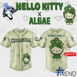 Close-up view of the Fayetteville Woodpeckers Algae Hello Kitty Baseball Jersey print